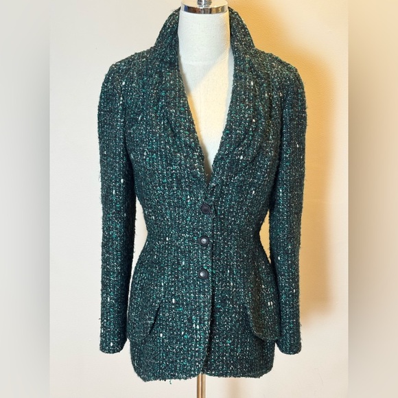 Vintage Thierry Mugler Green Tweed Wool Jacket Size 42 - Picture 5 of 12